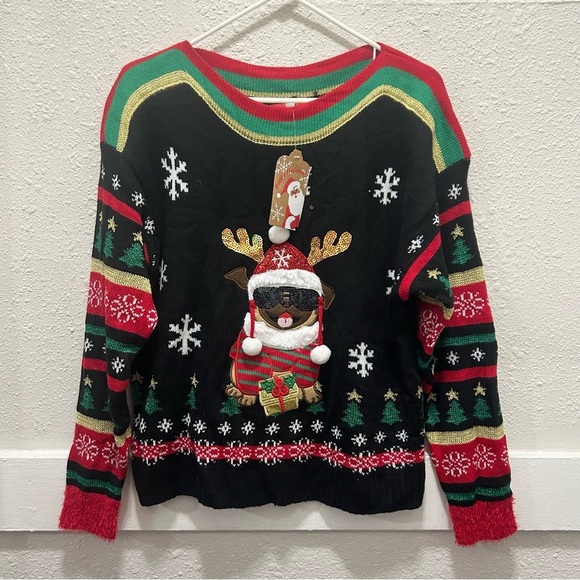 Blizzard Bay Pug with Sunglasses Women's Ugly Christmas Sweater NWT Small - Picture 1 of 6